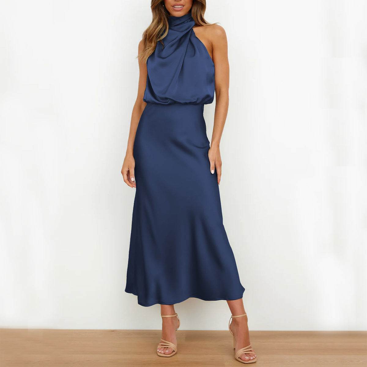 Elegante blauwe zomerjurk zonder mouwen van polyester, stijlvol en comfortabel