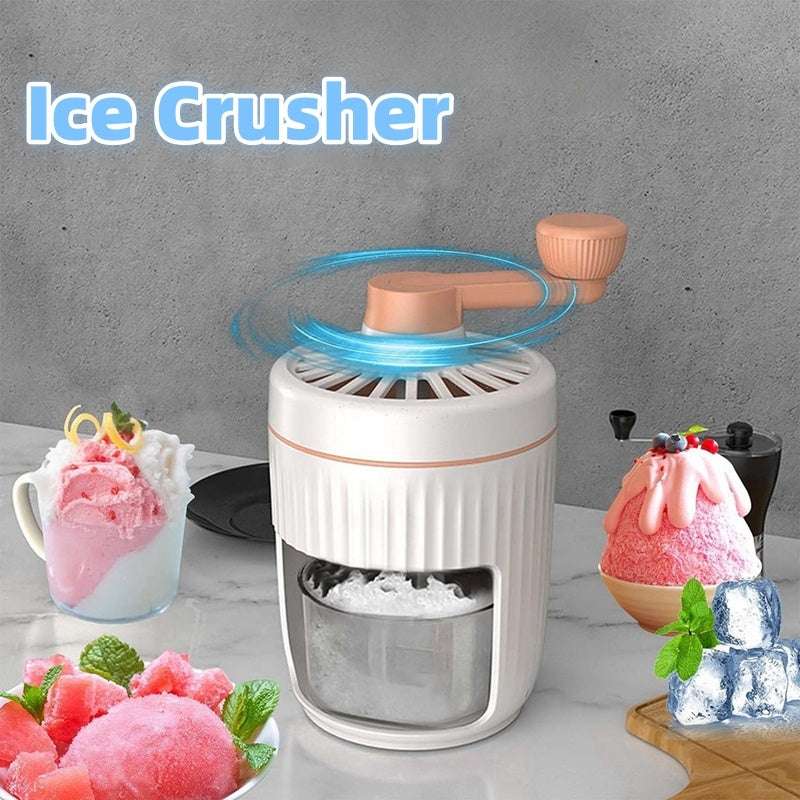 compact handbediende ijsschaafmachine met handgreep en opvangbak voor geschaafd ijs, geschikt voor huiselijk gebruik en smoothies