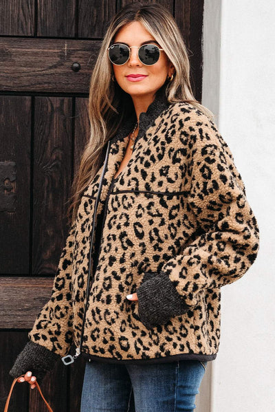 Sloane Leopard Zip Up Pocket Jacket Threaded Pear
