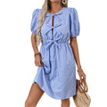 Retro gestreepte jurk met ronde hals en strik, veterjurk Nexora Store