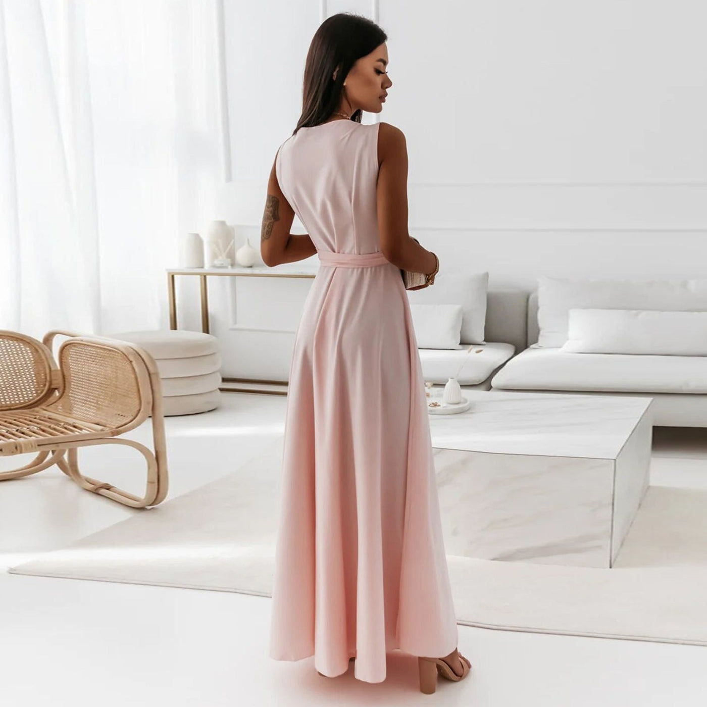 V-hals mouwloze jurk met riem Zomermode Feestclub Avond Maxi-jurken voor dameskleding Nexora Store