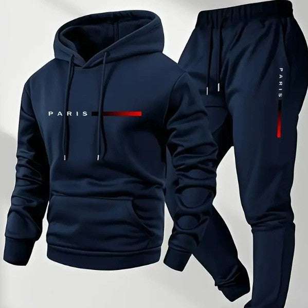 Long sleeve navy blue hoodie and matching trousers set with Paris text design