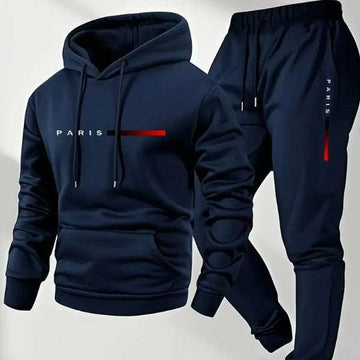 Long sleeve navy blue hoodie and matching trousers set with Paris text design