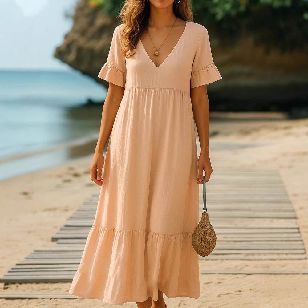 V-hals effen veelkleurige damesjurk met korte mouwen en middelhoge taille in verschillende kleuren