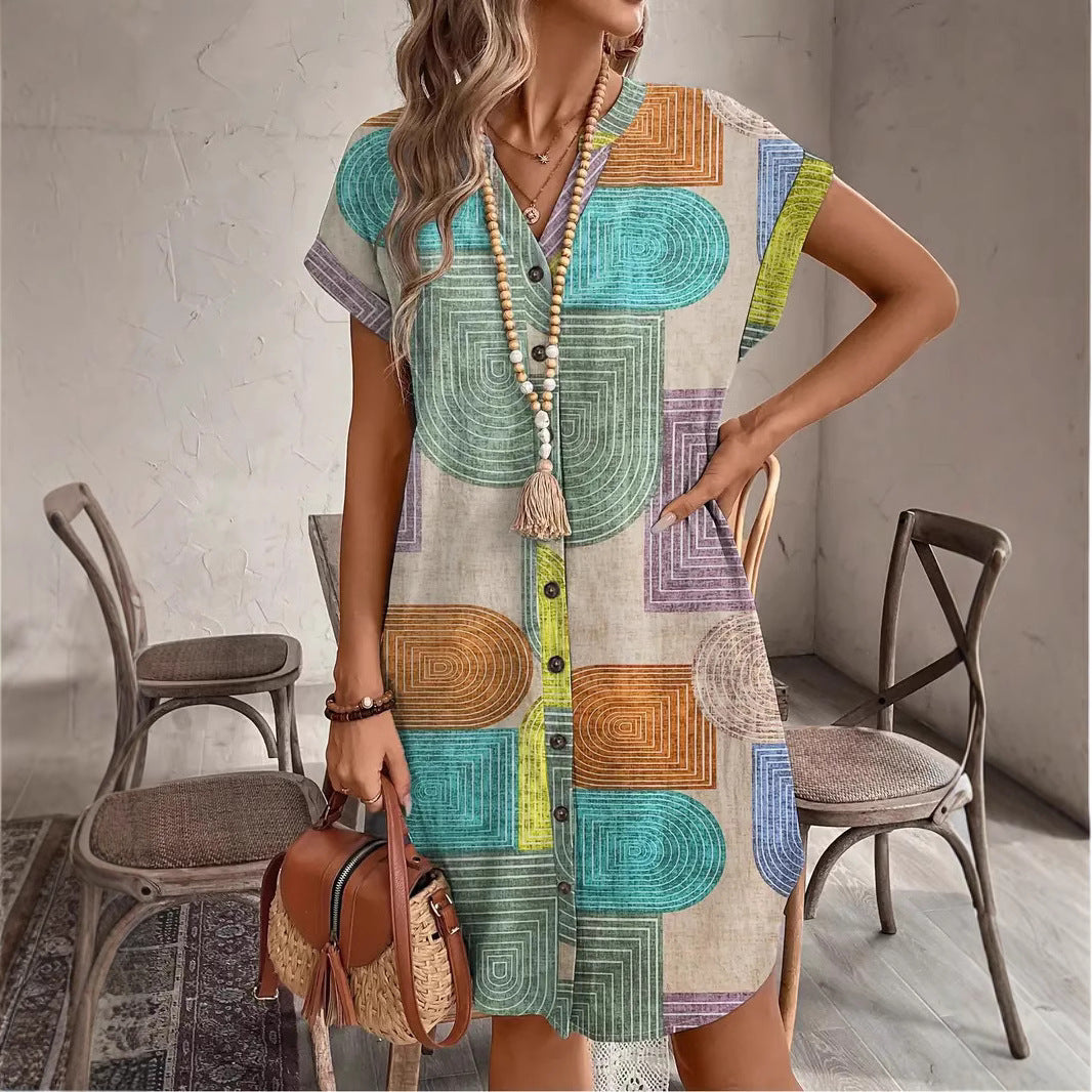 Bedrukte geweven elegante V-hals jurk met knopen Ritchy's Shop