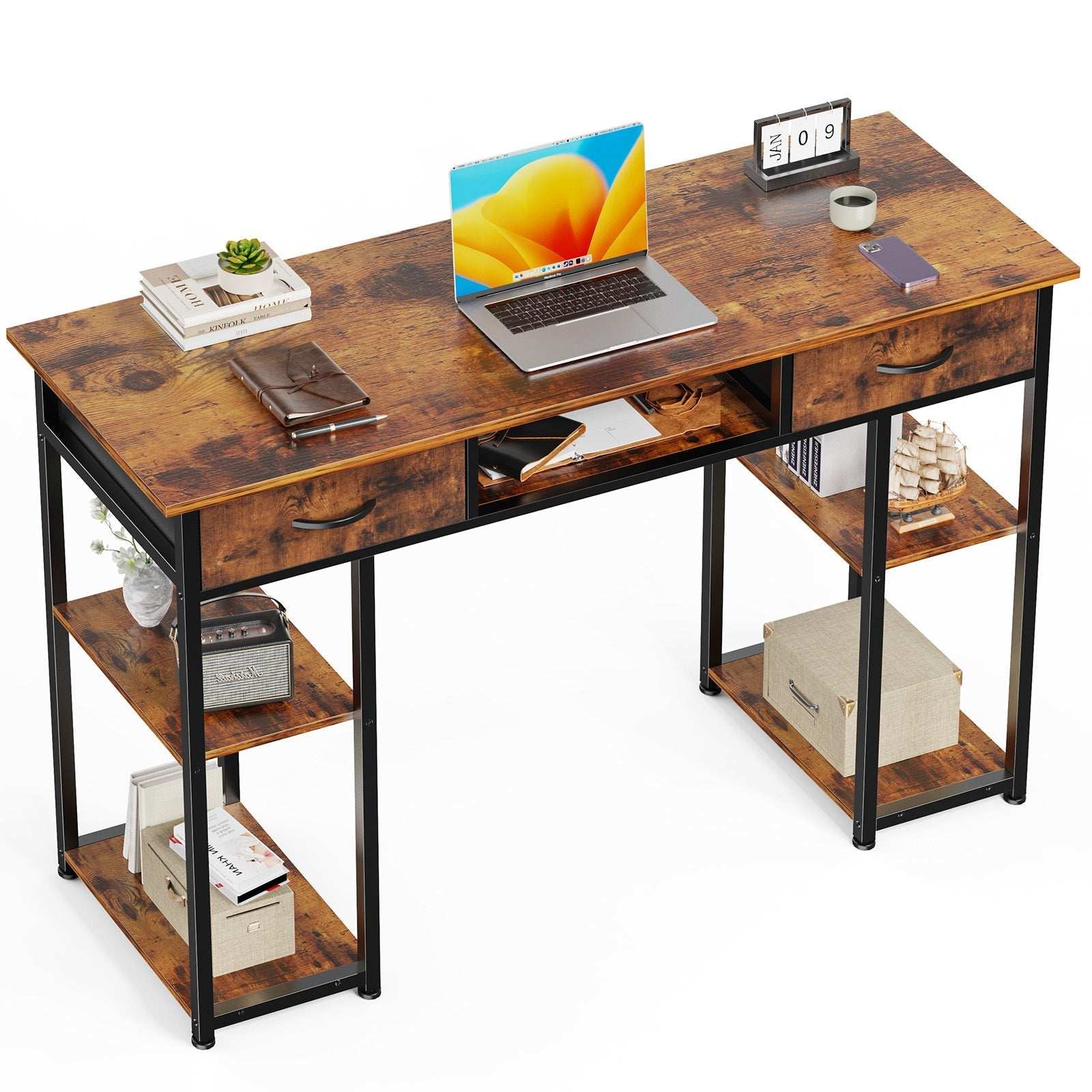 ruw houten thuiskantoor bureau met metalen frame, laptop en kantoorartikelen, multifunctioneel en stijlvol ontwerp
