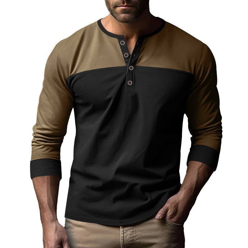 Retro Trendy Lange mouwen Kleur Matching Henry Kraag Onderkant Shirt Casual T-shirt Nexora Store
