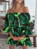 volledige grootte bloemen groene off-shoulder mini-jurk met volantmouwen grote maten