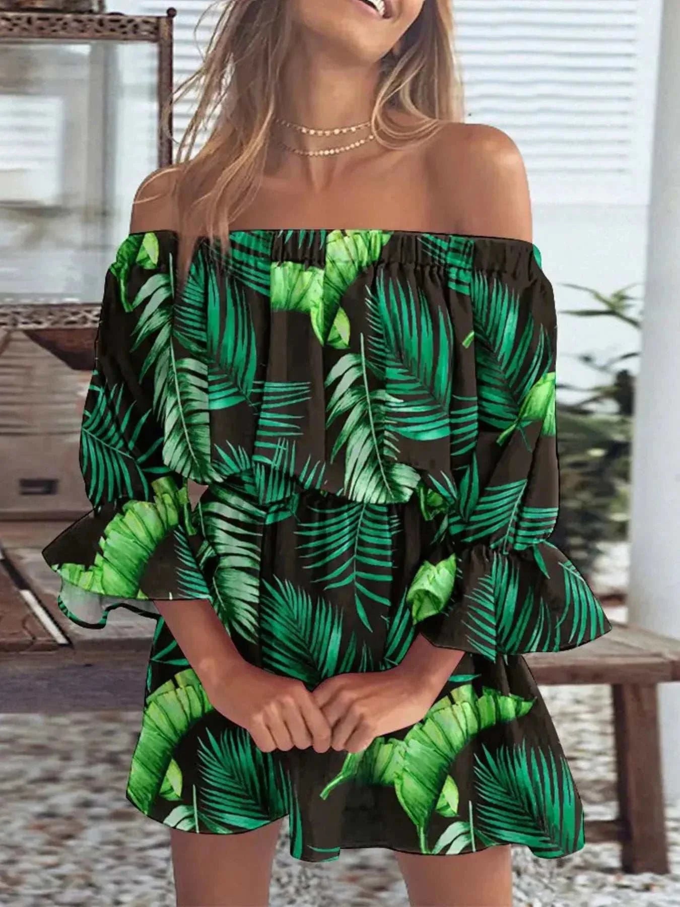 volledige grootte bloemen groene off-shoulder mini-jurk met volantmouwen grote maten