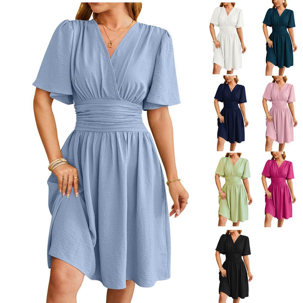 V-hals getailleerde taille modejurk met flare-mouwen in meerdere kleuren en A-lijn rokstijl