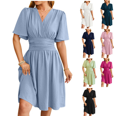 V-hals getailleerde taille flare-mouwen modejurk voor dames Ritchy's Shop