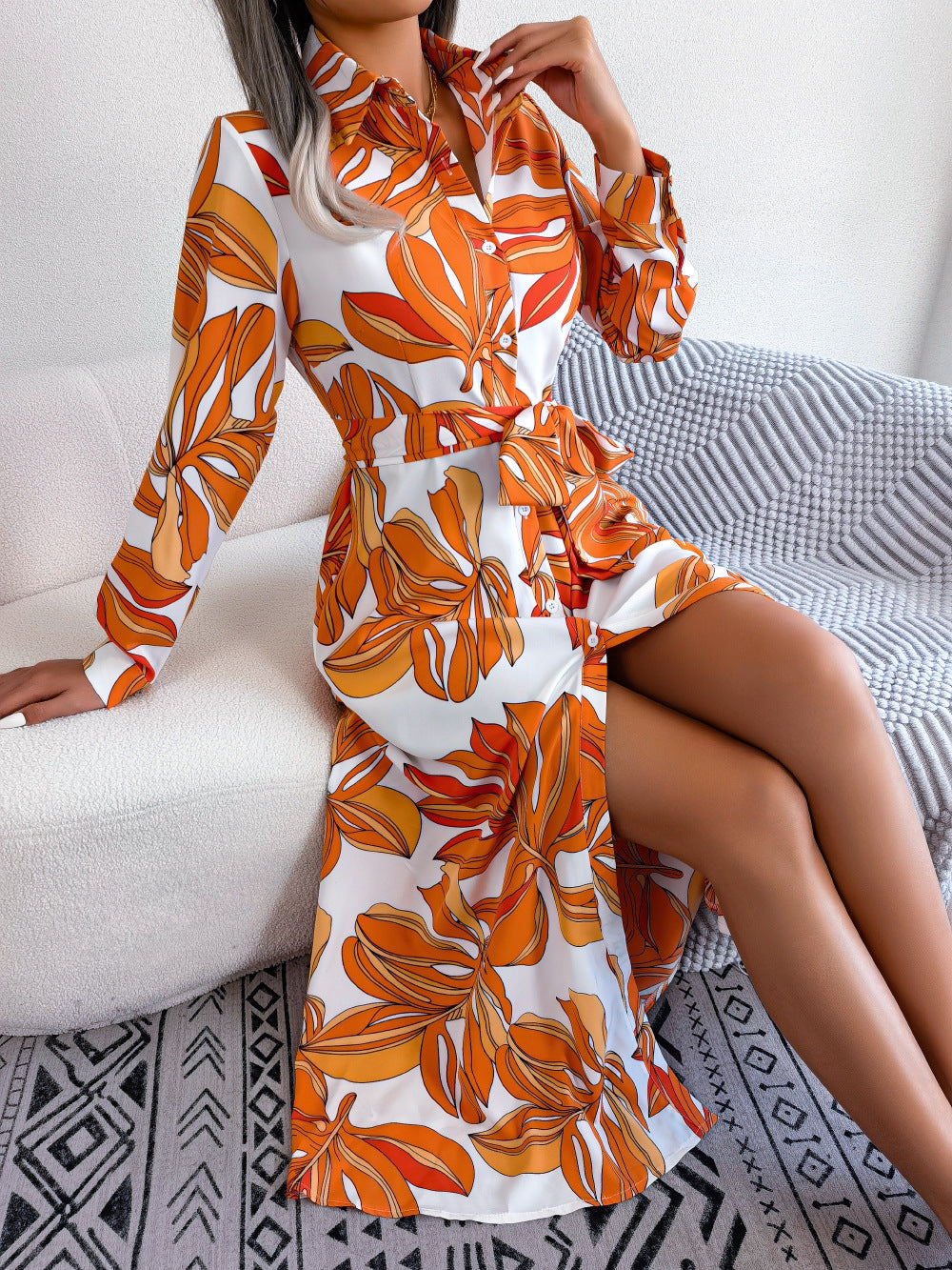 Contrasterende kleur bloemen revers gestrikt overhemd jurk lange rok Ritchy's Shop