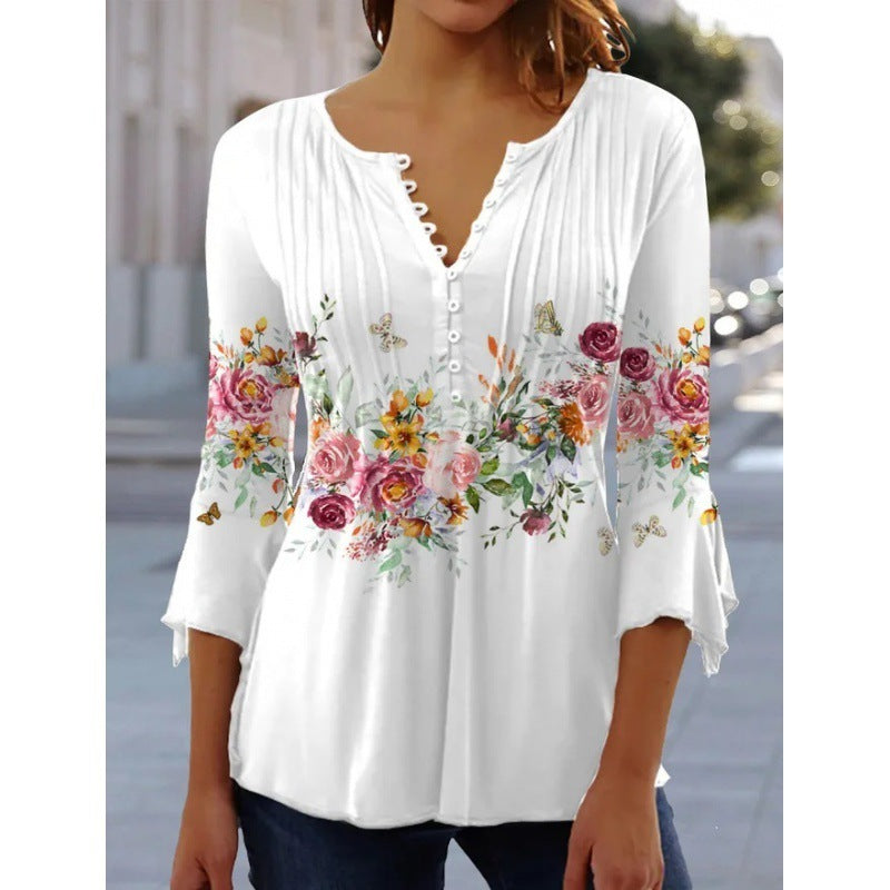 Modieus nieuw dames T-shirt met bloemenprint, V-hals, driekwartmouwen, geplooide knopen en basisshirt Nexora Store