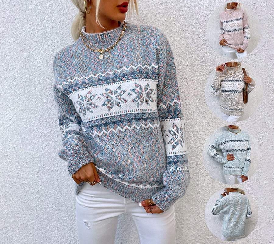 Woman wearing a blue Winter Snowflake Sweater with jacquard design, half turtleneck, and knit pattern against white background, shown also in pink, beige, and light blue colors.