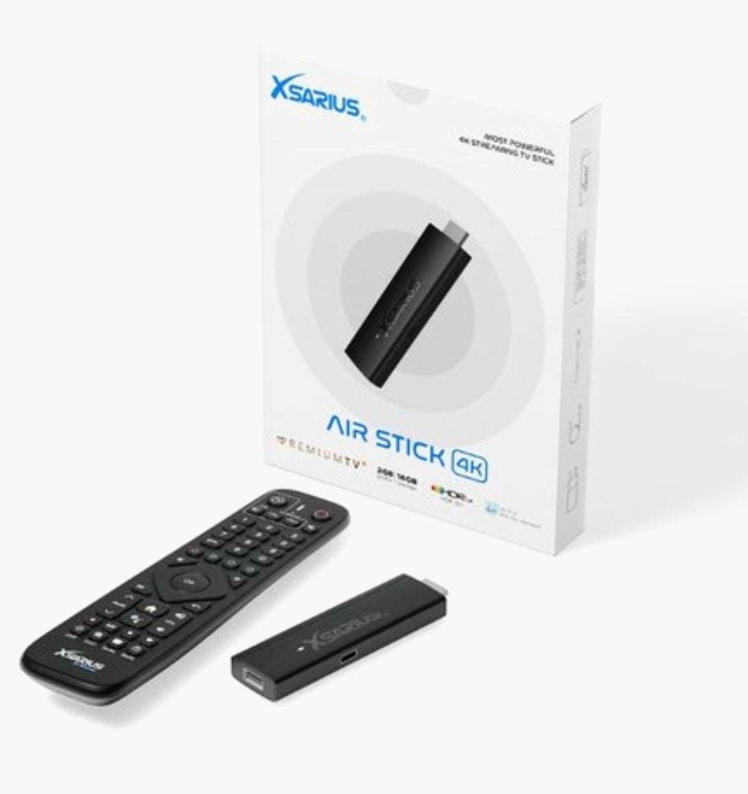 Xsarius AIR TV Stick 4K UHD Android media player with remote and compact design