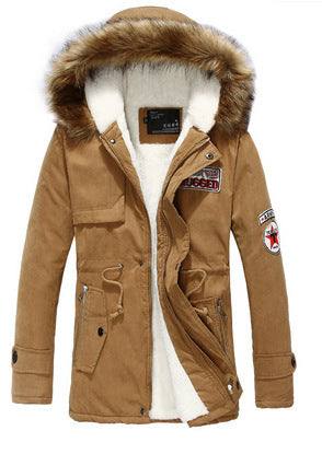 Heren winter warme dikke gewatteerde jas lange bontkraag legergroene parka fleece Ritchy's Shop