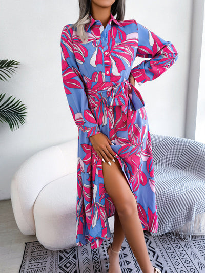 Contrasterende kleur bloemen revers gestrikt overhemd jurk lange rok Ritchy's Shop
