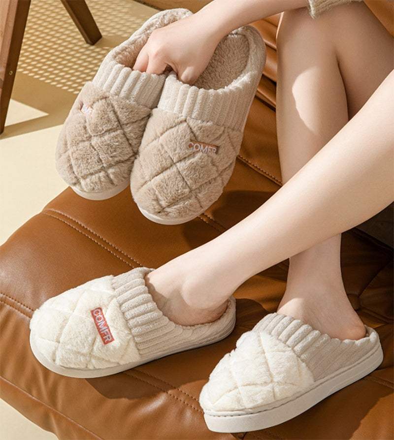 Solid rhombic letter plush winter slippers with non-slip EVA sole for men and women