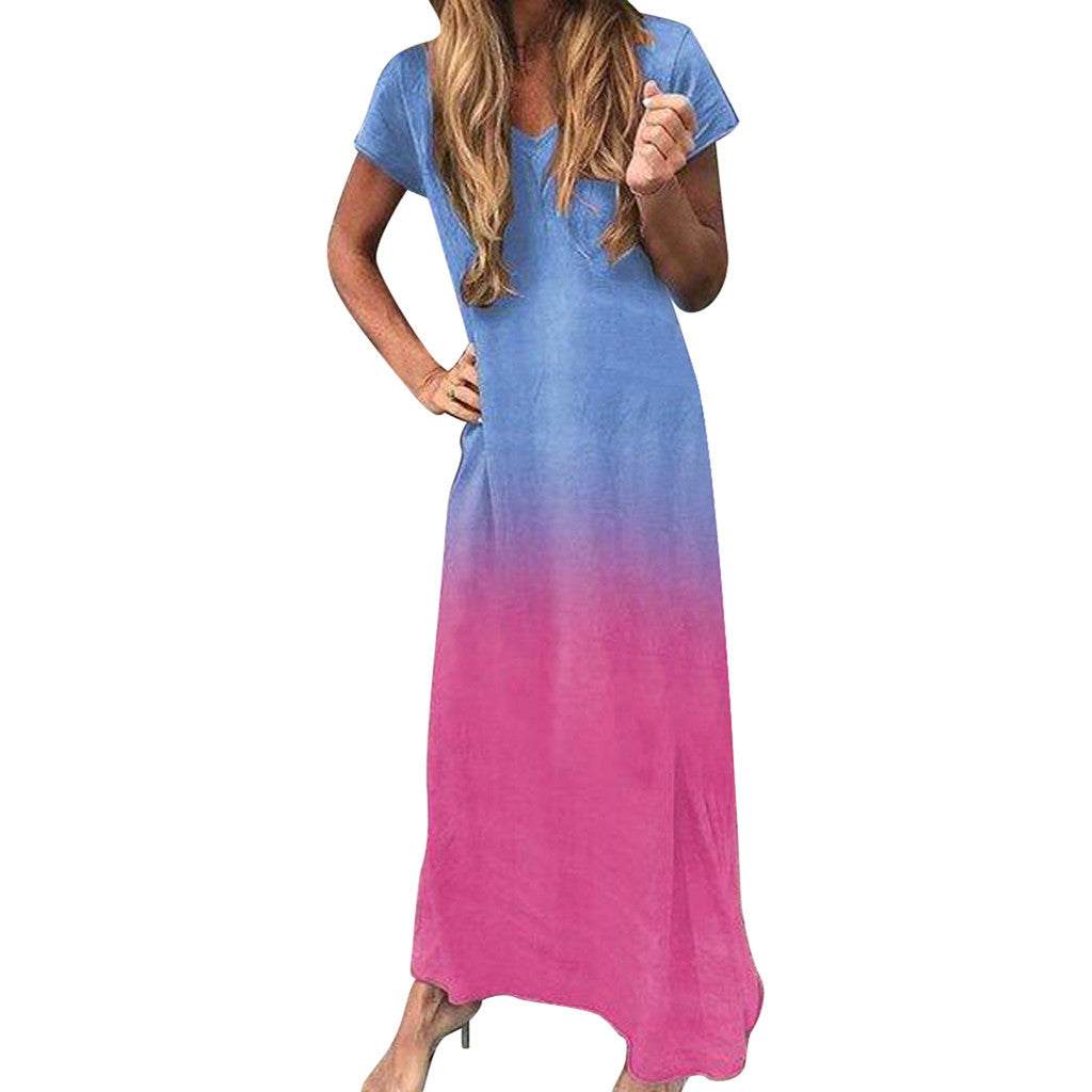 V-hals jurk met korte mouwen in ombre kleuren blauw en roze, maxi stijl, lichtgewicht melkzijde stof