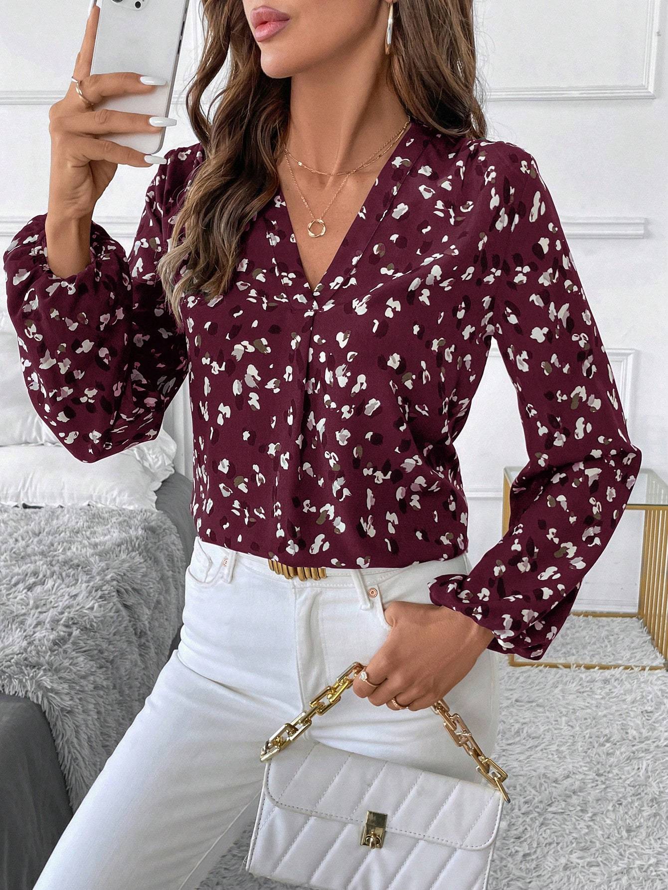 Elegante blouse met lange mouwen en V-hals voor dames, all-over print, tops met lange mouwen Nexora Store