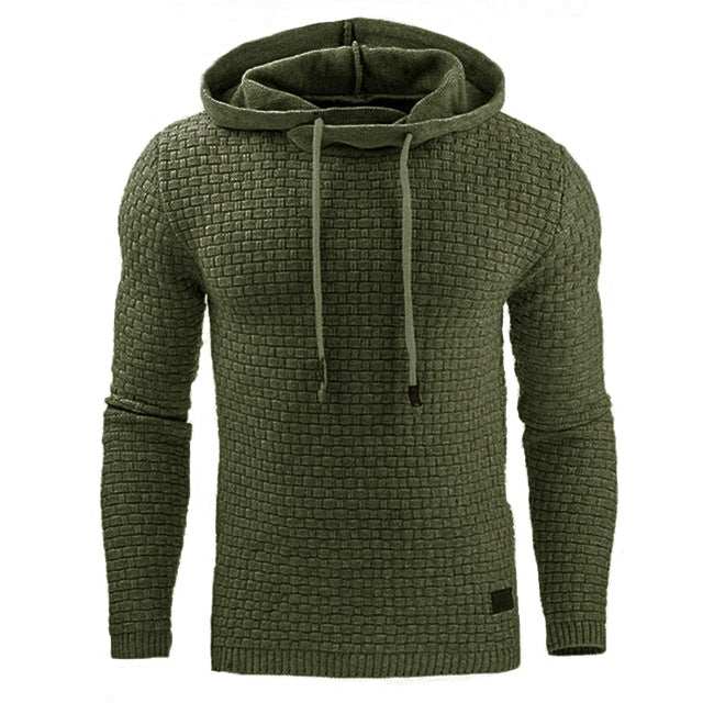 Men's green textured hoodies sweater with adjustable drawstring hood, made of 65% cotton and 35% polyester