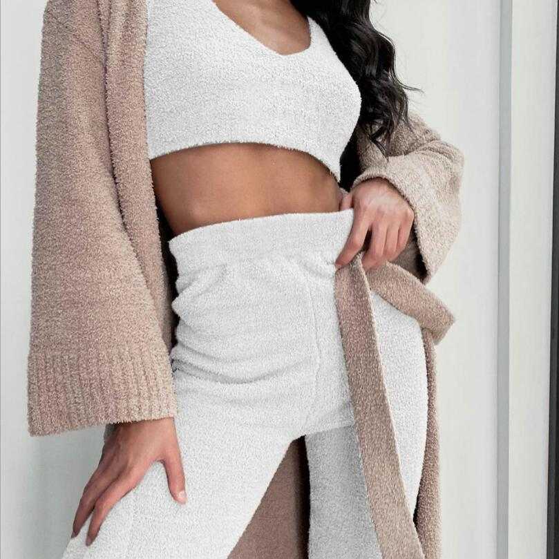 damespyjamaset met lange mouwen wit fluweel comfortabele broekpak met vest en riem