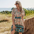 Hoge taille V-hals korte mouwen Boho print jurk Nexora Store