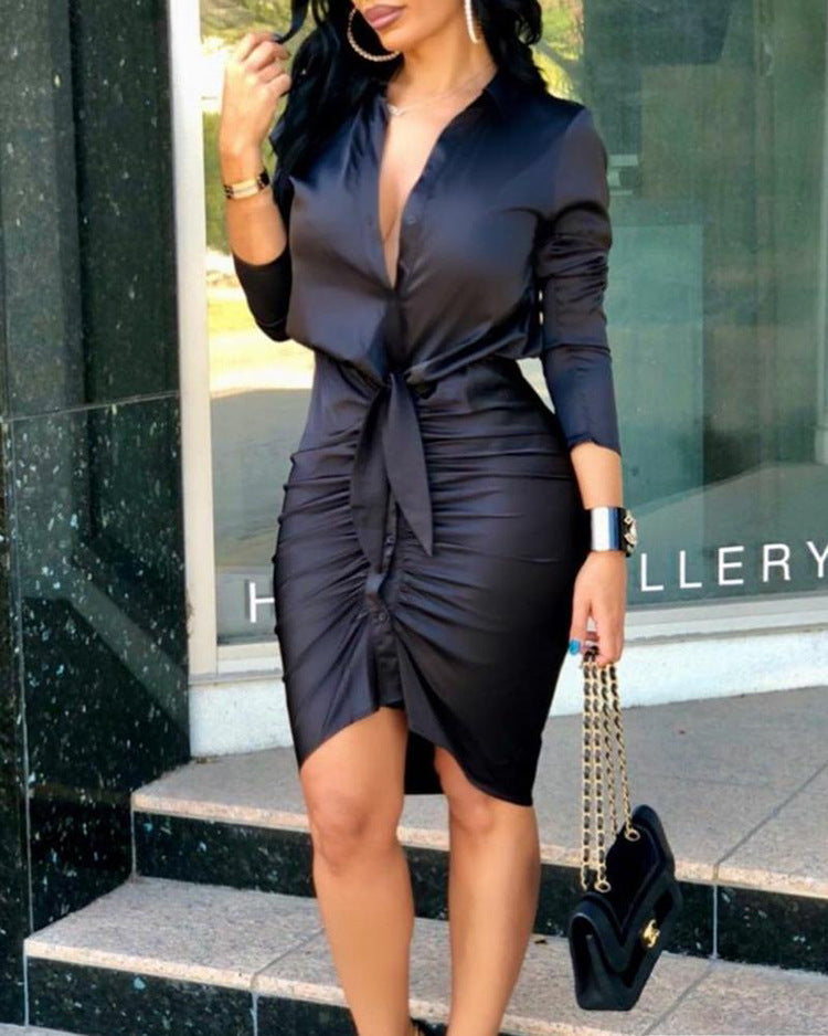 Vrouwen vetersluiting effen kleur lange mouwen midi-jurk overhemdjurk elegante mode feestjurk Nexora Store