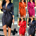 Vrouwen vetersluiting effen kleur midi jurk met lange mouwen en polokraag in diverse kleuren