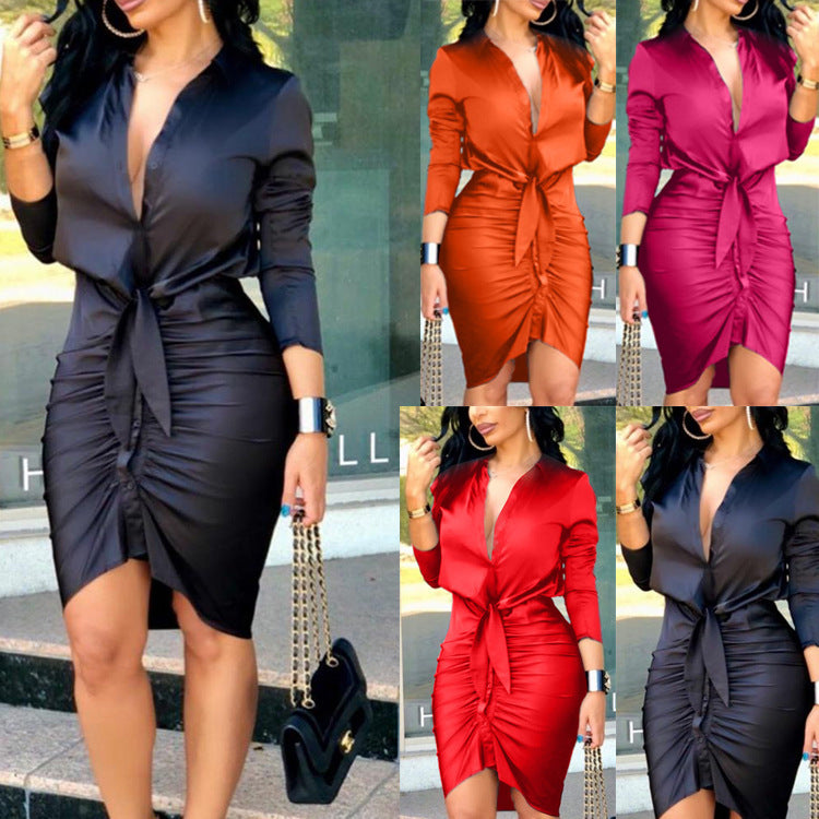 Vrouwen vetersluiting effen kleur lange mouwen midi-jurk overhemdjurk elegante mode feestjurk Nexora Store
