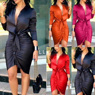 Vrouwen vetersluiting effen kleur lange mouwen midi-jurk overhemdjurk elegante mode feestjurk Nexora Store