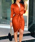 Vrouwen vetersluiting effen kleur midi jurk met lange mouwen en polo kraag in oranje polyester