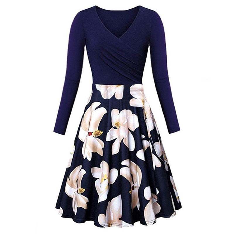 Elegante jurk met lange mouwen, V-hals en bloemenprint in A-lijn, polyester stof, midilengte rok