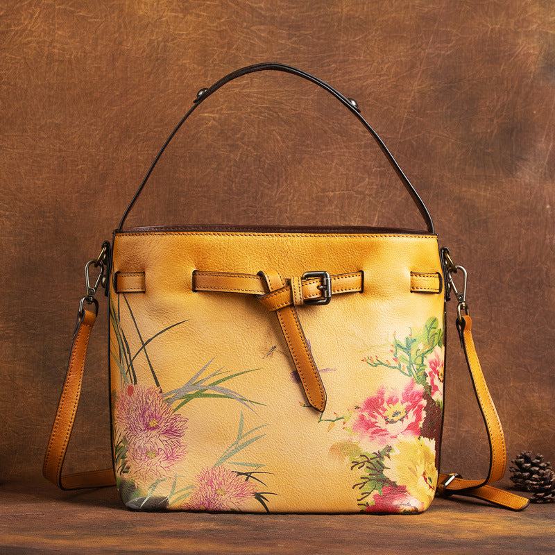 Color Printing Flowers Hand Brush Color Head Layer Leather Hand Inclined Cross Bag Nexora Store