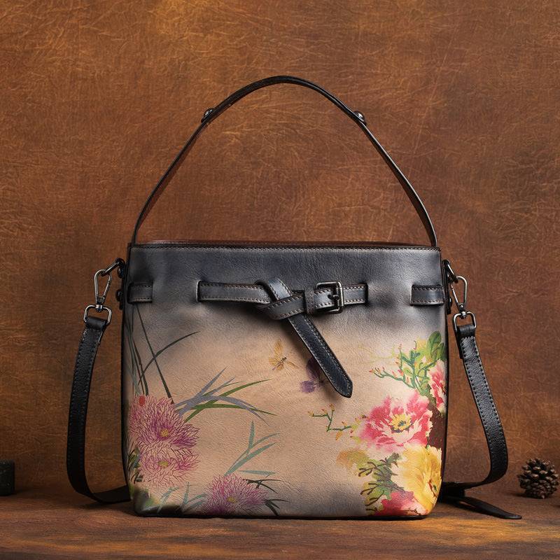 Color Printing Flowers Hand Brush Color Head Layer Leather Hand Inclined Cross Bag Nexora Store