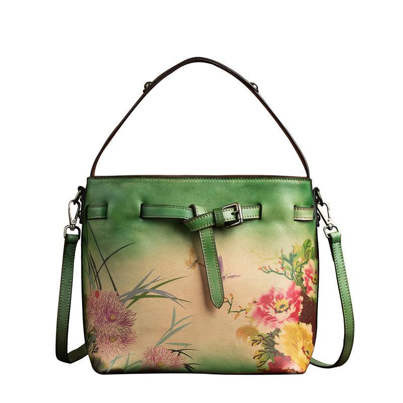 Color Printing Flowers Hand Brush Color Head Layer Leather Hand Inclined Cross Bag Nexora Store