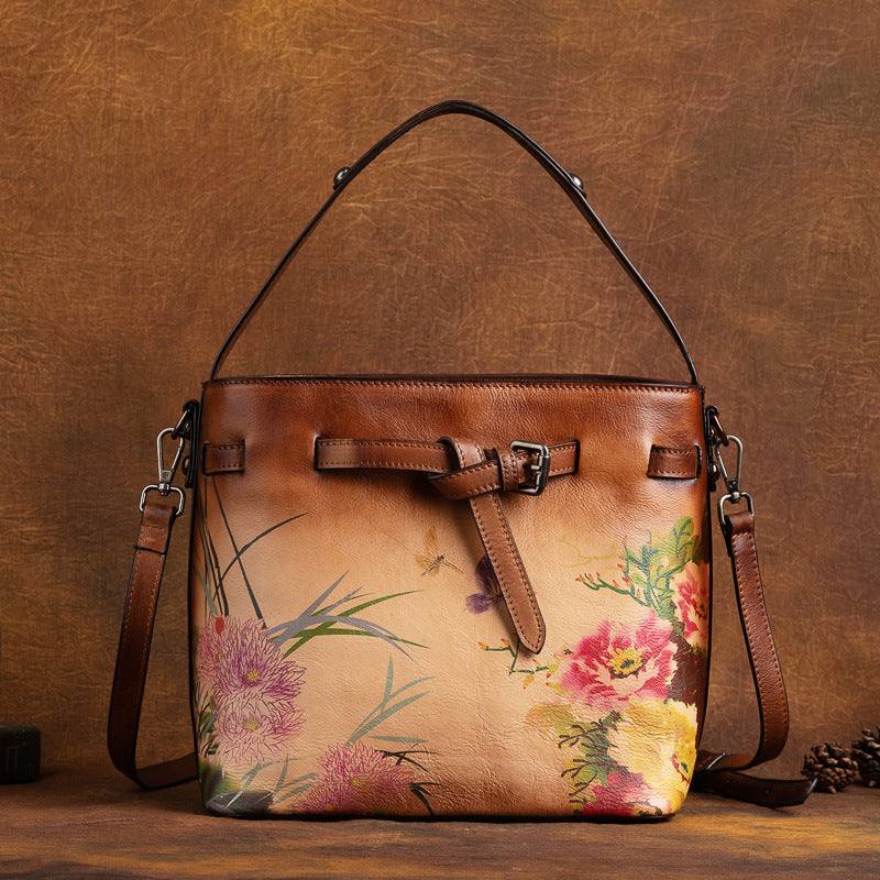 Color Printing Flowers Hand Brush Color Head Layer Leather Hand Inclined Cross Bag Nexora Store