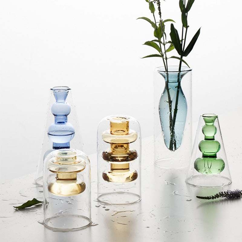 Kleurrijke transparante dubbele glazen vazen Nordic woonaccessoires met moderne design voor droogbloemen en hydrocultuurplanten