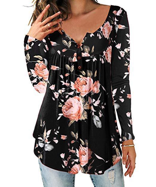 Dames zwart geplooid bloemenshirt met lange mouwen en V-hals, roze bloemprint, polyester.