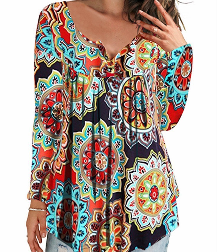 Geplooid bloemenshirt met lange mouwen en V-hals Nexora Store