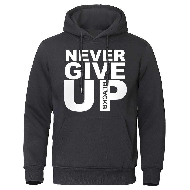 Grey Shopee Amazon hoodie with "Never Give Up" black text, long sleeves, hooded, casual style, velvet lining