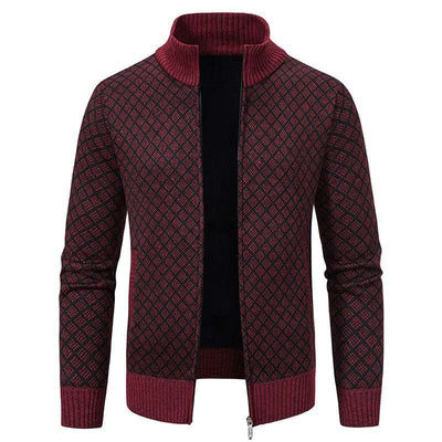 Thickened Plaid Print Jacket Cardigan Fashion Slim Fit Zipper Stand Collar Sweater Winter Men's Casual Long Sleeve Knitted Top Clothing Nexora Store