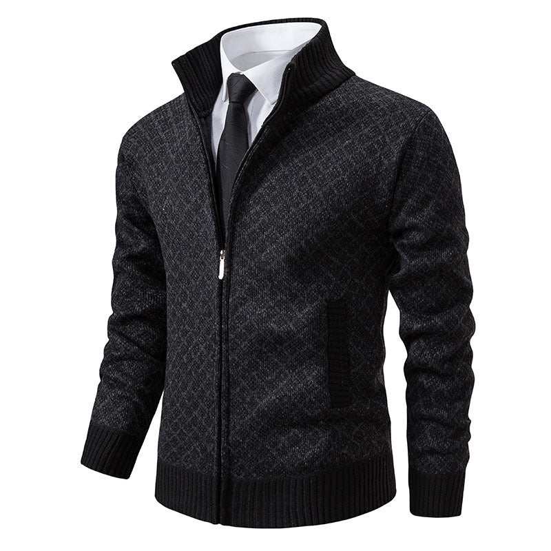 Men's slim fit thickened plaid print jacket cardigan with zipper and stand collar in multiple colors for winter casual wear