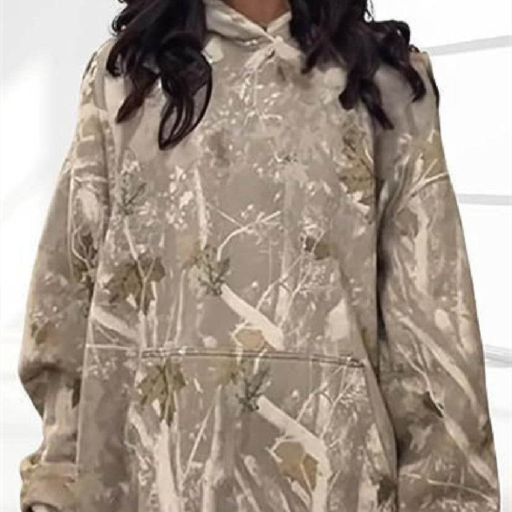 Casual damestop met zakken in kaki met planten- en bloemenprint, lange lantaarnmouwen, capuchon en los model pullover