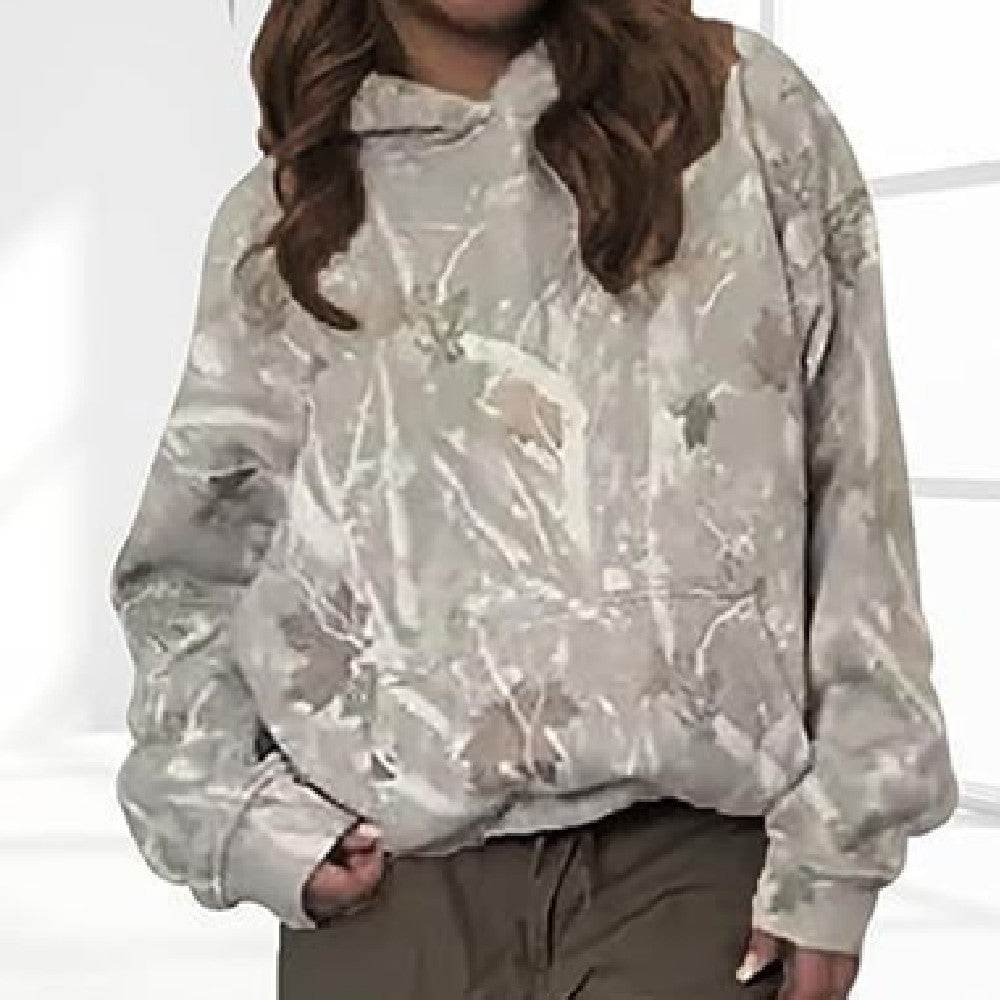 Casual damestop met zakken in lichtgrijs met planten- en bloemenprint, lange lantaarnmouwen en capuchon, los model pullover, polyester.