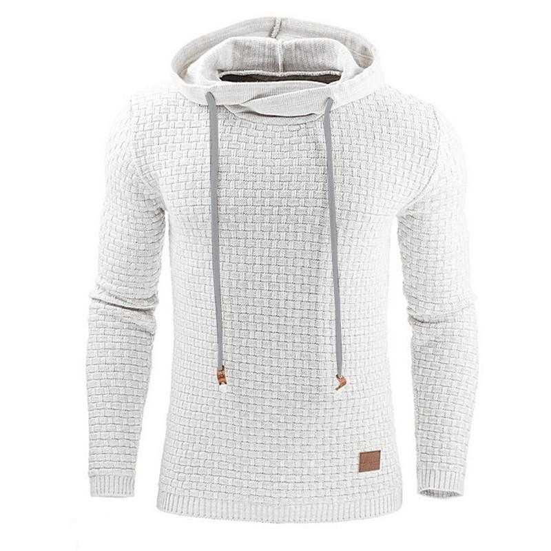 Men's hoodies sweater white textured knit with hood and drawstrings, 65% cotton 35% polyester