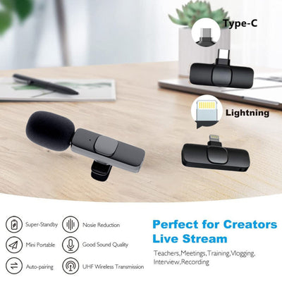 Draadloze Lavalier-microfoon, draagbare audio- en video-opnamemicrofoon voor iPhone en Android, lange batterijduur, live-uitzendingen en gaming Ritchy's Shop