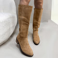 Chunky heel small slim khaki suede over the knee boots with side zipper