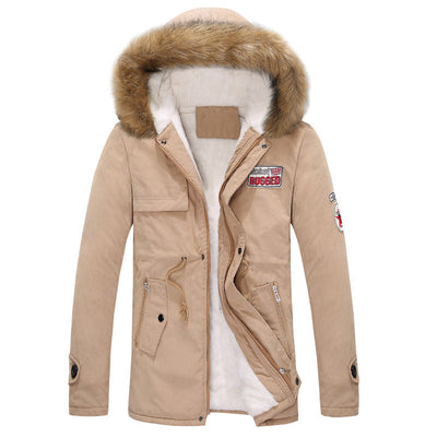Heren winter warme dikke gewatteerde jas lange bontkraag legergroene parka fleece Ritchy's Shop