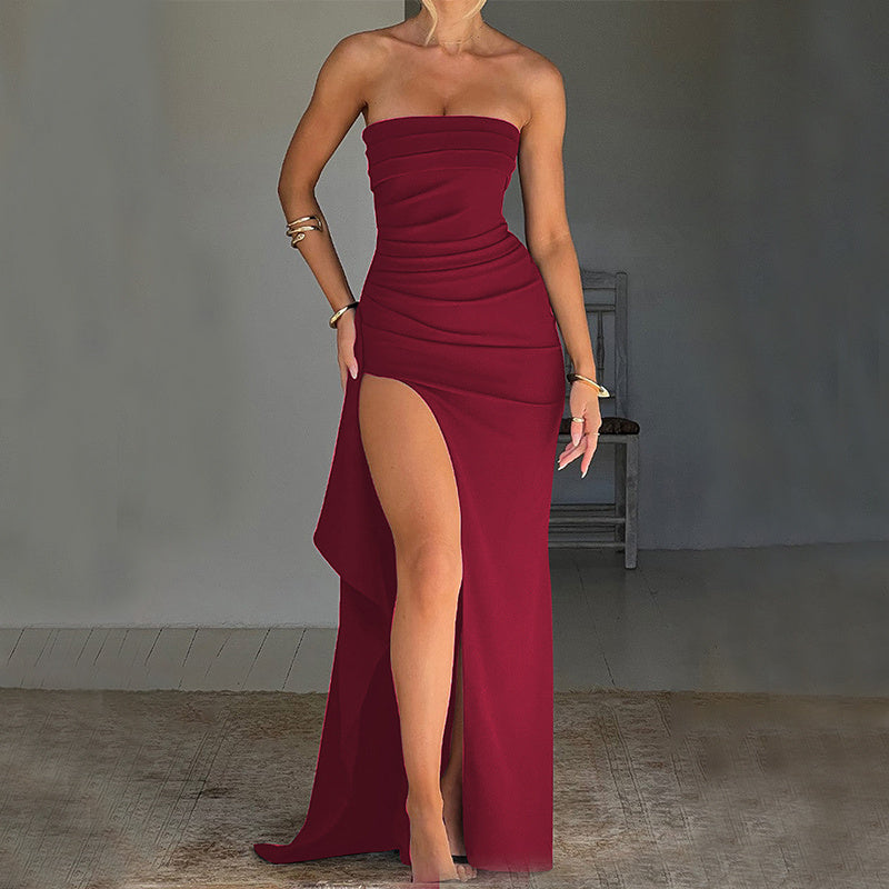 Strapless split lange jurk zomermode geplooide bruidsmeisjesjurk voor damesfeest bruiloftskleding Mijn winkel